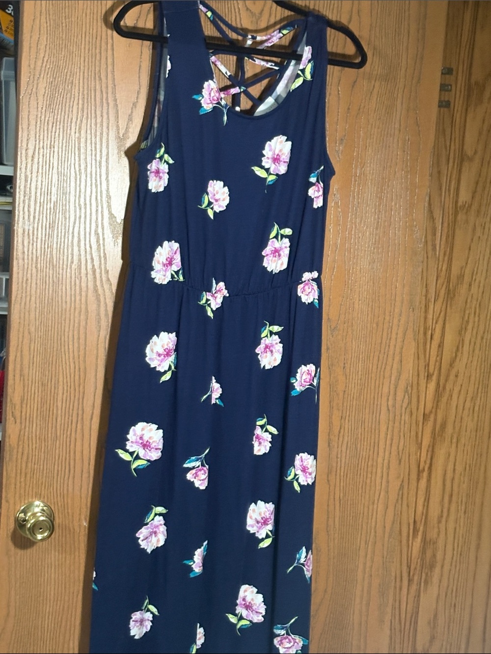 French Grey Navy Maxi Dress with Pink Floral Print